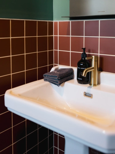 Bathroom at The Mayfair by Little & Fox featuring deep burgundy wall tiles, Aalto Cloak painted walls and brushed brass tapware