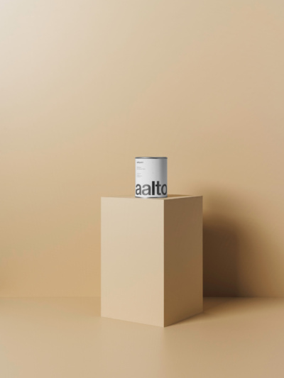 Aalto paint tin sitting on a plinth with a beige painted backdrop